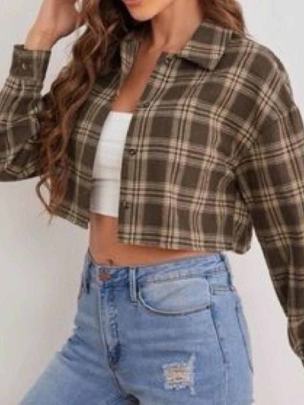 SHEIN Olive Plaid Cropped Button-Down Shirt Size 2XL